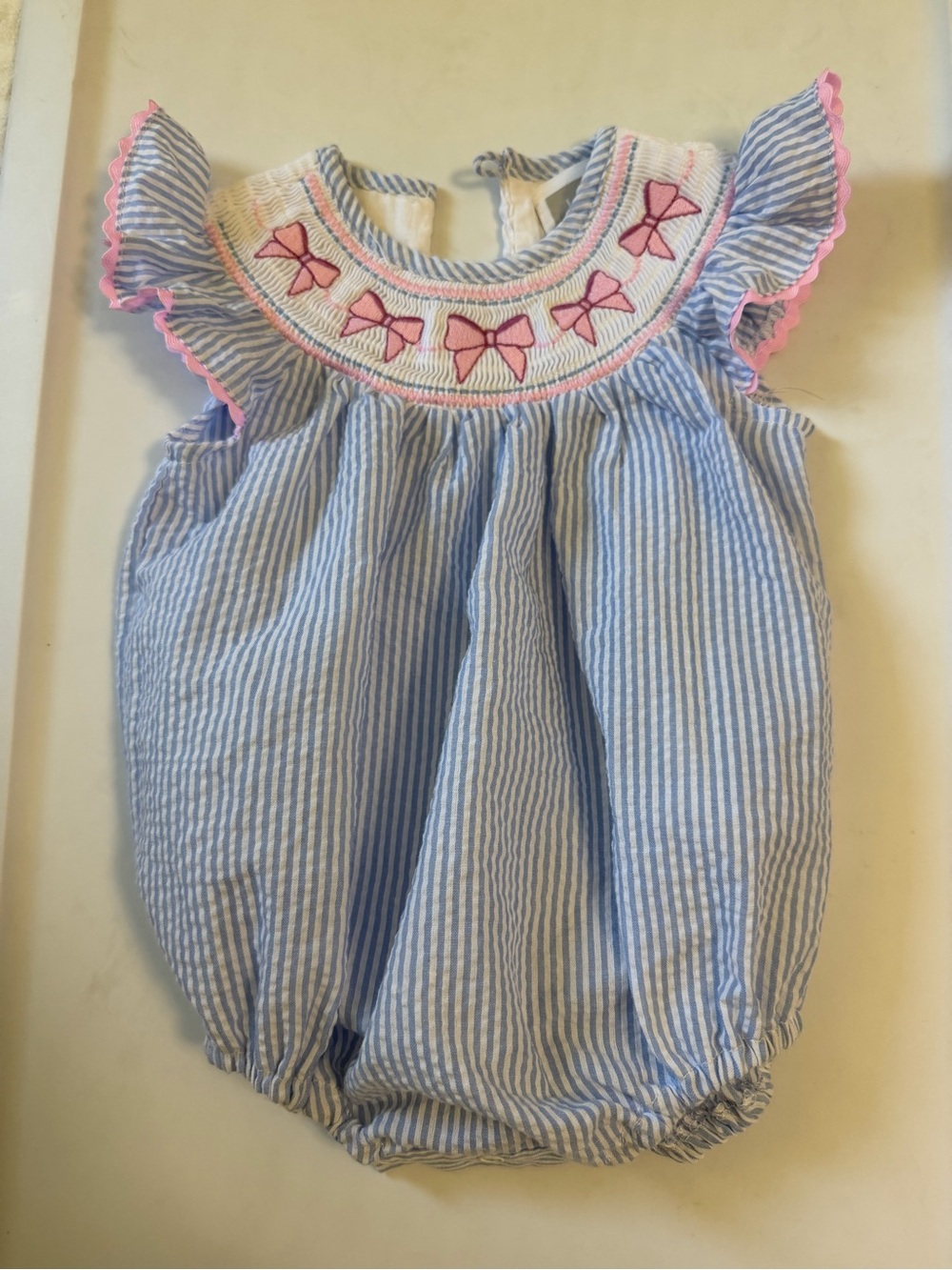 Lil’ Cactus 3-6 months Blue Seersucker Baby Bubble Romper with Pink Bow Smocking